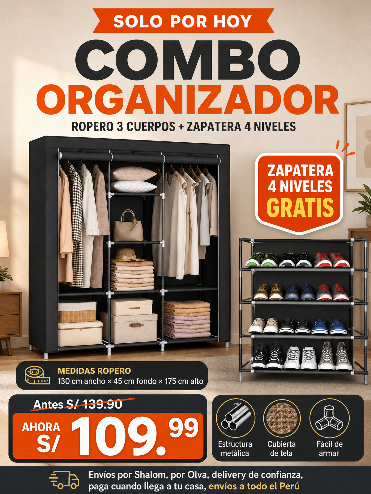 Combo Closet Completo 3 Cuerpos + Zapatera 4 Niveles 👟